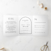 Moderne Arch Tying Knot Black White Wedding Script Drieluik Uitnodiging (Binnen)