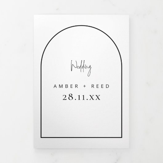 Moderne Arch Tying Knot Black White Wedding Script Drieluik Uitnodiging (Cover)