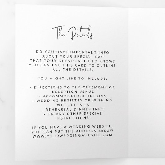 Moderne Arch Tying Knot Black White Wedding Script Drieluik Uitnodiging (Binnenzijde eerst)