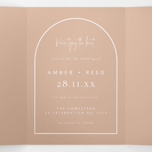 Moderne Arch Tying Knot Weddenschap Blush Pink Scr Drieluik Uitnodiging (Binnenkant midden)