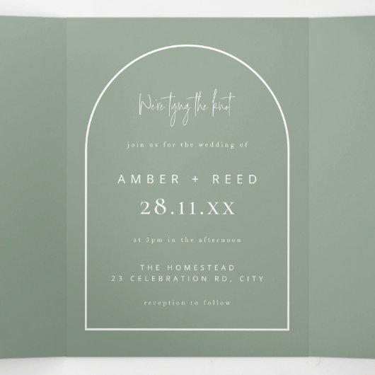 Moderne Arch Tying Knot Wedding Sage Green - gegev Drieluik Uitnodiging (Binnenkant midden)