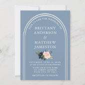 Moderne Arch Wedding Dusty Blue Pink Floral Foto Kaart (Voorkant)