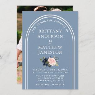 Moderne Arch Wedding Dusty Blue Pink Floral Foto Kaart