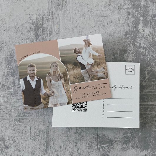 Moderne Arch | Zalm QR Code 2 Foto Opslaan Datum Uitnodiging Briefkaart