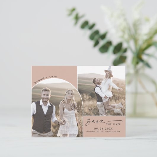 Moderne Arch | Zalm QR Code 2 Foto Opslaan Datum Uitnodiging Briefkaart (Staand voorkant)