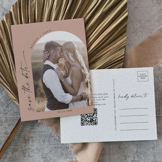 Moderne Arch | Zalm QR Code Foto opslaan Datum Uitnodiging Briefkaart