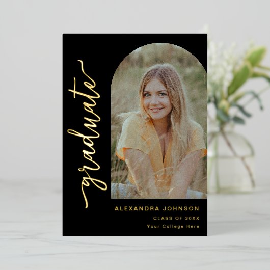 Moderne Archiefoto Elegante Gouden Script Afstuder Folie Uitnodiging (Staand Voorkant)