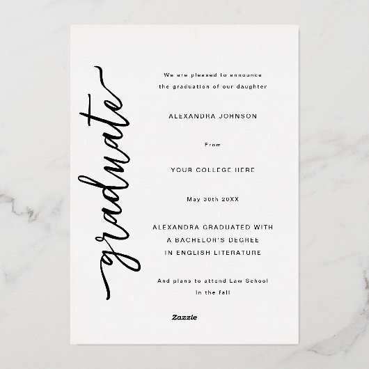 Moderne Archiefoto Elegante Gouden Script Afstuder Folie Uitnodiging (Achterkant)