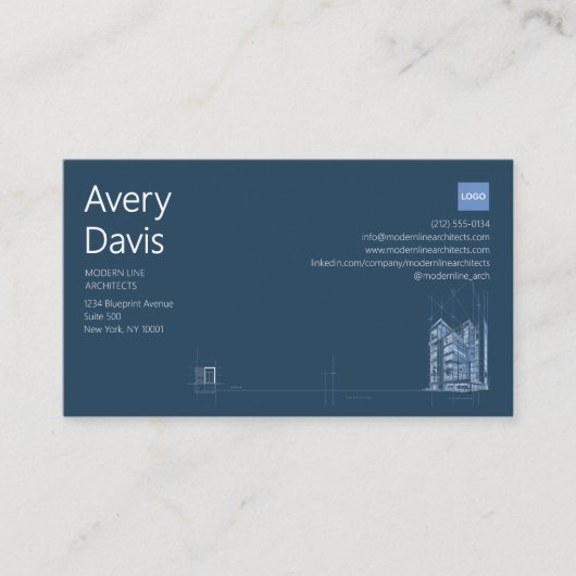 Moderne architect navy & witte minimalistische blu visitekaartje (Voorkant)