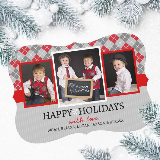 Moderne Argyle Kerst Wenskaarten - 3 Foto Feestdagenkaart