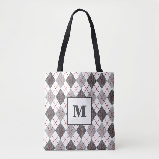 Moderne Argyle Plaid Rood Grijs Zilver Monogram Tote Bag (Voorkant)