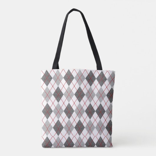 Moderne Argyle Plaid Rood Grijs Zilver Monogram Tote Bag (Achterkant)