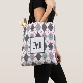 Moderne Argyle Plaid Rood Grijs Zilver Monogram Tote Bag