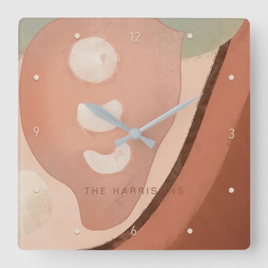 Moderne Art Abstract Organic 60s Retro Familienaam Vierkante Klok (Voorkant)