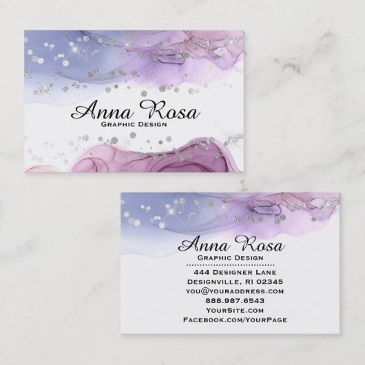 *~* Moderne Art Abstracte Waterverf Silver Glitter Visitekaartje (Voorkant / Achterkant)