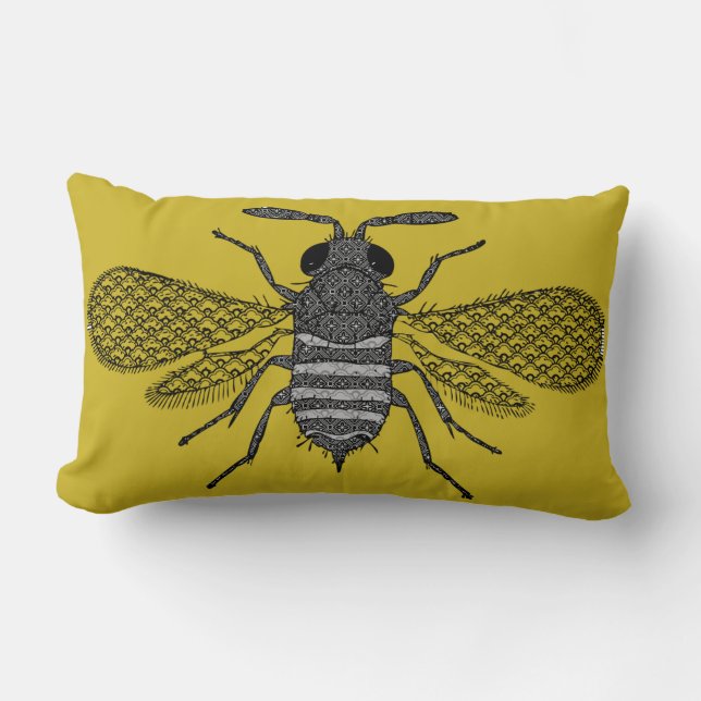 Moderne Art Bumble Bee Print Cushion - Mosterd Kussen (Voorkant)