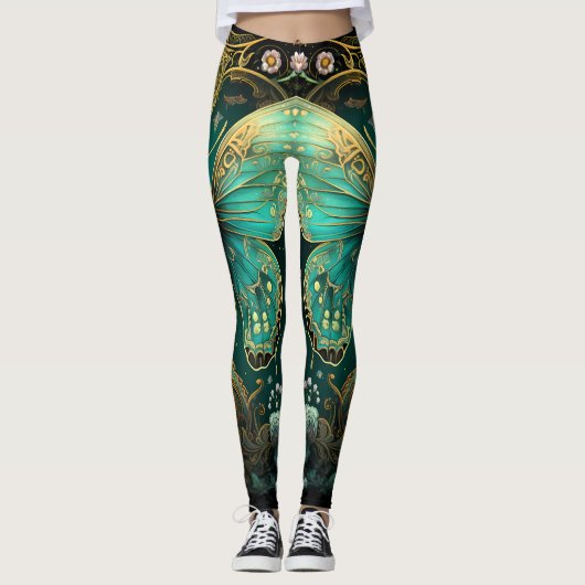 Moderne Art Deco Blauwgroen Blauw Goud Vlinderyoga Leggings (Voorkant)
