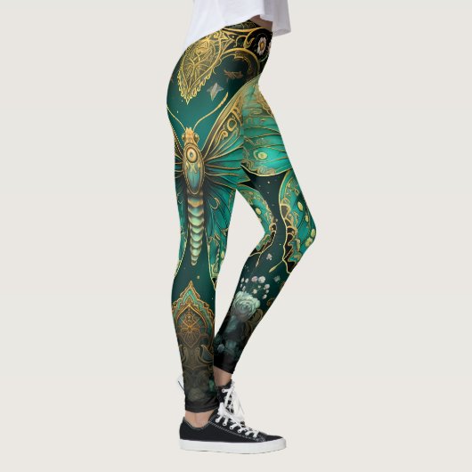 Moderne Art Deco Blauwgroen Blauw Goud Vlinderyoga Leggings (Rechts)