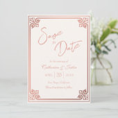 Moderne Art Deco Blush Roze Pauw Foto Huwelijk Save The Date (Staand voorkant)