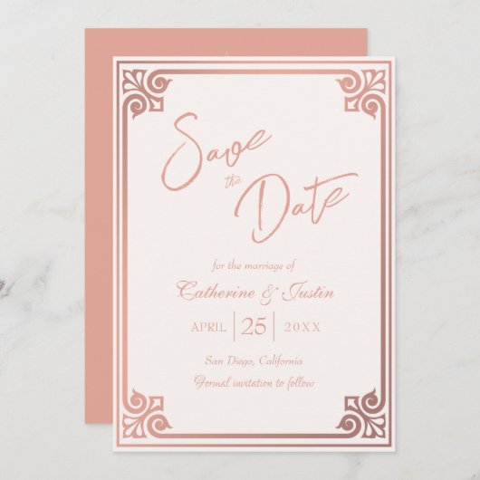 Moderne Art Deco Blush Roze Pauw Foto Huwelijk Save The Date (Voorkant / Achterkant)