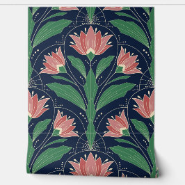 Moderne Art Deco Boho rode bloemen op marineblauw Behang