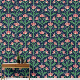 Moderne Art Deco Boho rode bloemen op marineblauw Behang