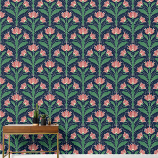 Moderne Art Deco Boho rode bloemen op marineblauw Behang