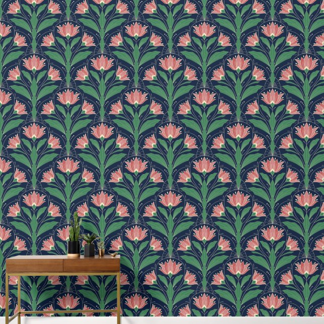 Moderne Art Deco Boho rode bloemen op marineblauw Behang (Hal)