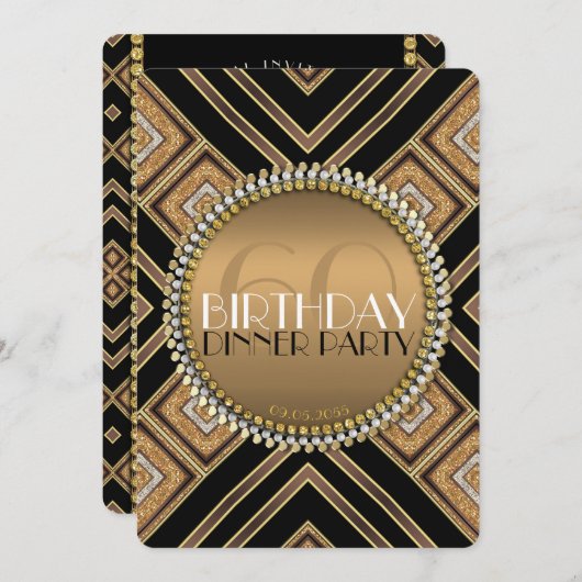Moderne Art Deco Gold 60e verjaardag uitnodiging (Voorkant / Achterkant)