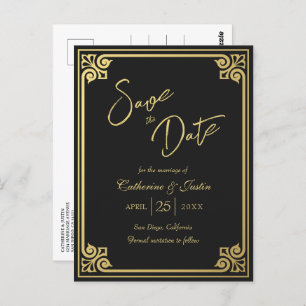 Moderne Art Deco Gold Black Pauw Bewaar de datum Briefkaart