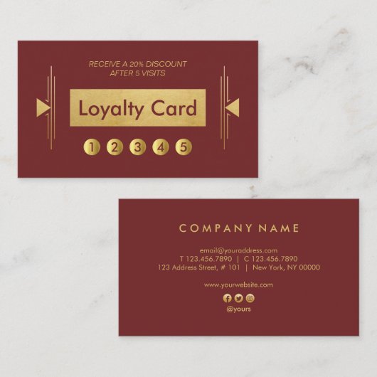 Moderne Art Deco Gold Burgundy Loyalty Punch Card Visitekaartje (Voorkant / Achterkant)