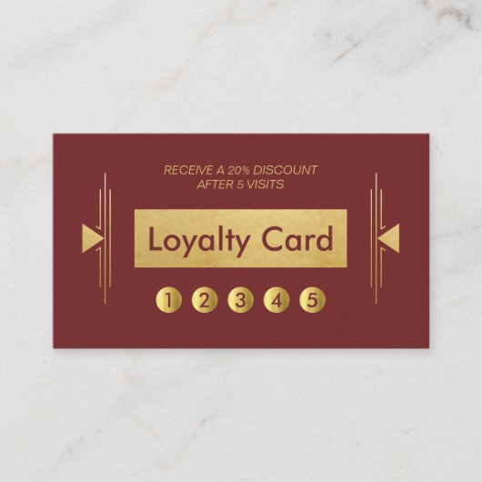 Moderne Art Deco Gold Burgundy Loyalty Punch Card Visitekaartje (Voorkant)