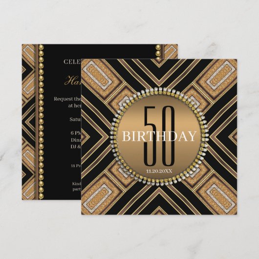 Moderne Art Deco Gouden 50ste Verjaardagsuitnodigi Kaart (Voorkant / Achterkant)