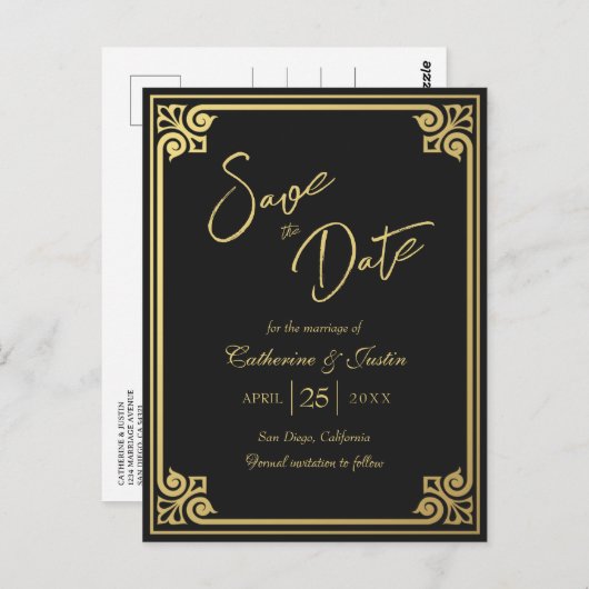 Moderne Art Deco Gouden Zwarte Pauw Save The Date Briefkaart (Voorkant / Achterkant)