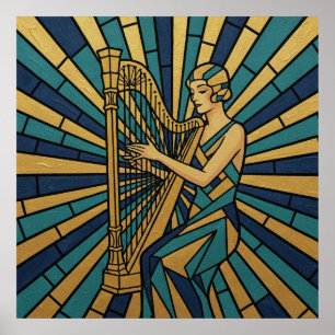 Moderne Art Deco Harpiste Poster Goud en Blauwe Mo