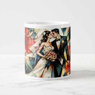 Moderne Art Deco Illustratie van Trouwkoppel Grote Koffiekop