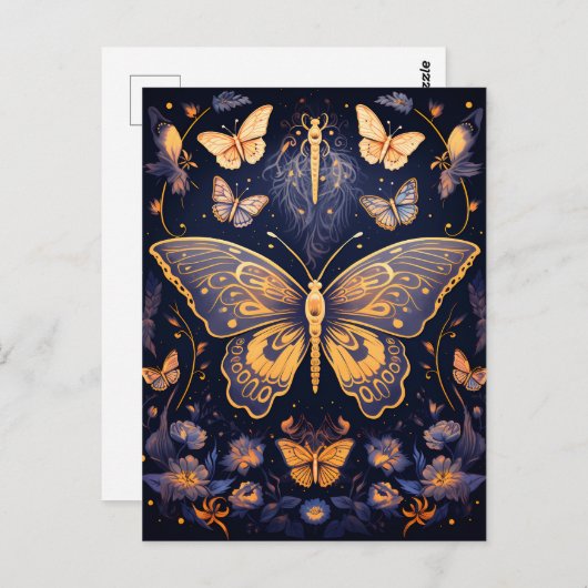 Moderne Art Deco Paarse Blauwe Gouden Vlinder Briefkaart (Voorkant / Achterkant)