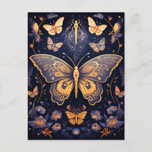 Moderne Art Deco Paarse Blauwe Gouden Vlinder Briefkaart (Voorkant)