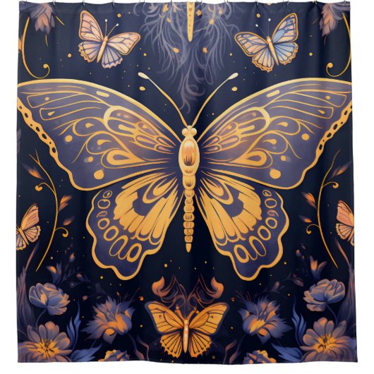 Moderne Art Deco Paarse Blauwe Gouden Vlinder Douchegordijn (Voorkant)