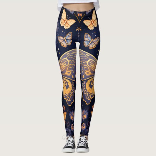 Moderne Art Deco Paarse Blauwe Gouden Vlinder Leggings (Voorkant)
