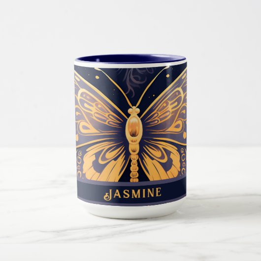 Moderne Art Deco Paarse Blauwe Gouden Vlinder Mok (Midden)