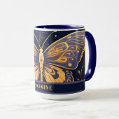 Moderne Art Deco Paarse Blauwe Gouden Vlinder Mok (Voorkant rechts)