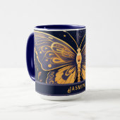 Moderne Art Deco Paarse Blauwe Gouden Vlinder Mok (Voorkant links)
