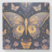 Moderne Art Deco Paarse Blauwe Gouden Vlinder Stenen Onderzetter (Voorkant)