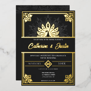 Moderne Art Deco Pauw Huwelijk Goud Folie Uitnodiging