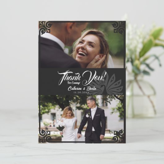 Moderne Art Deco Peacock Black 2 foto bruiloft Bedankkaart (Staand voorkant)