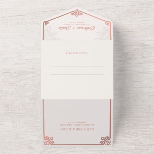 Moderne Art Deco Peacock Blush Roos Roze Bruiloft All In One Uitnodiging (Buitenkant)