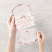 Moderne Art Deco Peacock Blush Roos Roze Bruiloft All In One Uitnodiging (Afscheurbaar)