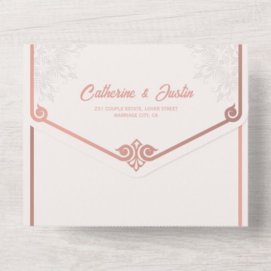 Moderne Art Deco Peacock Blush Roos Roze Bruiloft All In One Uitnodiging (Achterkant)