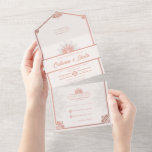 Moderne Art Deco Peacock Blush Roos Roze Bruiloft All In One Uitnodiging<br><div class="desc">Geïnspireerd door het glamoureuze Art Deco-tijdperk. Deze uitnodiging is perfect voor koppels die op zoek zijn naar een klassieke en elegante bruiloft. Het middelpunt is een prachtige pauw, die schoonheid en overvloed symboliseert. Tegen een zacht en romantisch blush roze achtergrond, voegen de glinsterende roos roze accenten een vleugje luxe en...</div>